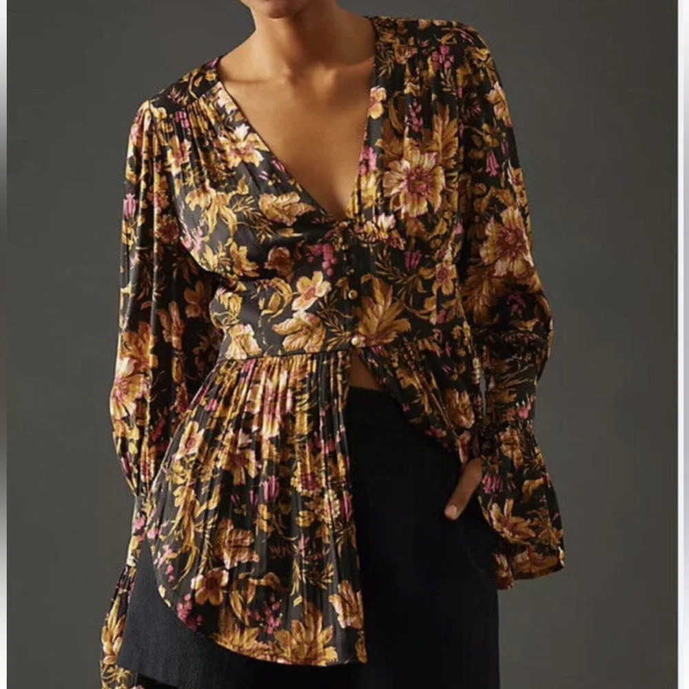 NEW Anthropologie Deep-V Floral Tunic Blouse-Size Small - Picture 4 of 16